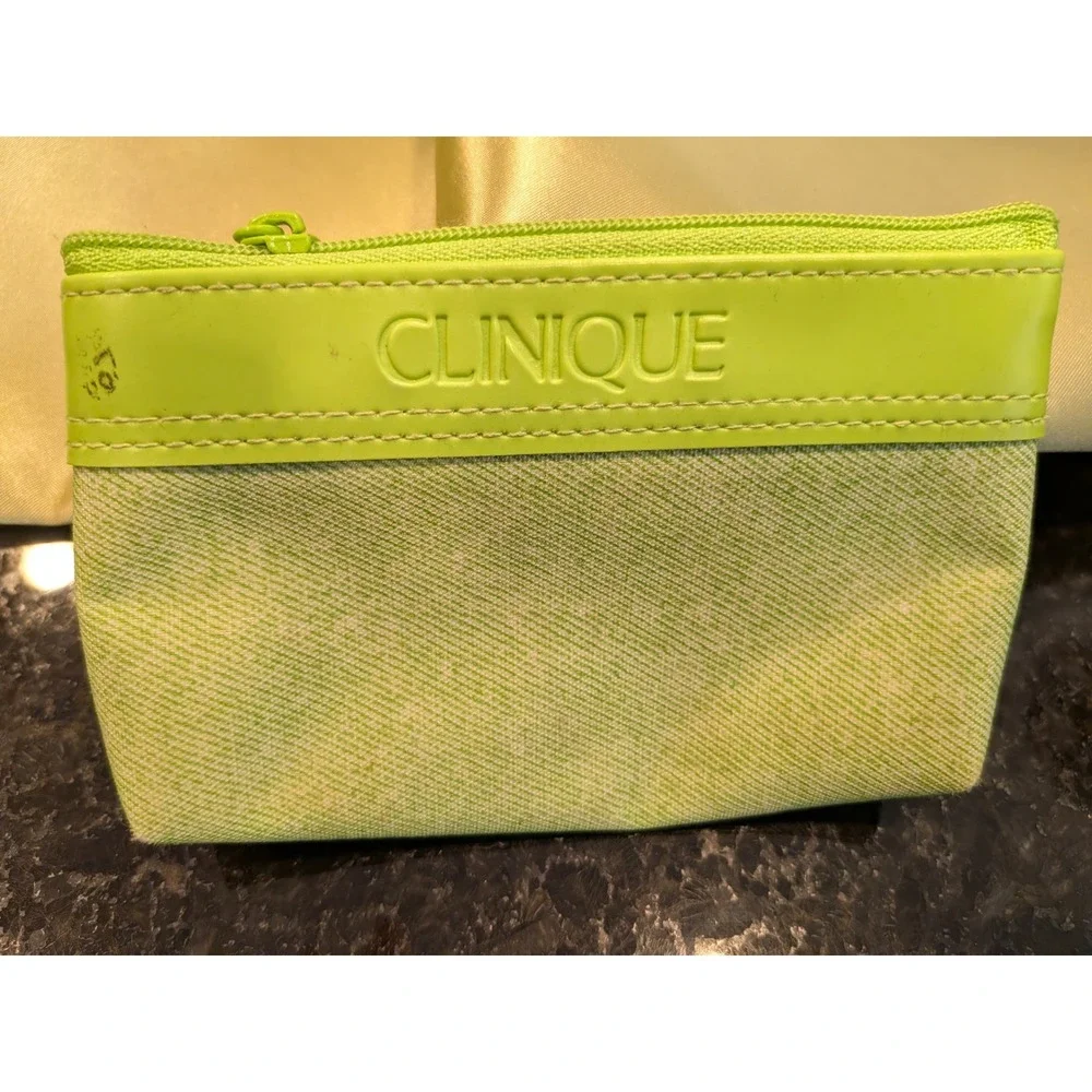 Clinique Makeup Bag Bundle 5pc Set Green Floral Satin Orange Purple Travel Pouch
